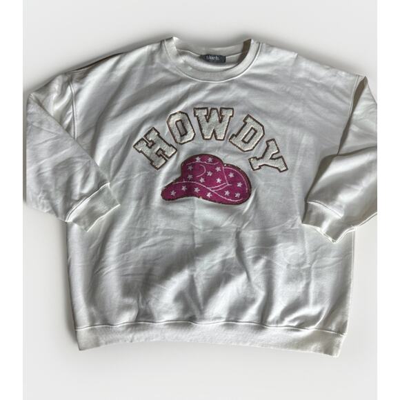 Blue B Howdy Sweatshirt White Pink Sequin Cowboy Hat Western Graphic Size L - Picture 1 of 7